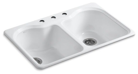 Kohler Hartland 33" X 22" X 9-5/8" Double-Equal Kitchen Sink w/ 3 Holes, White