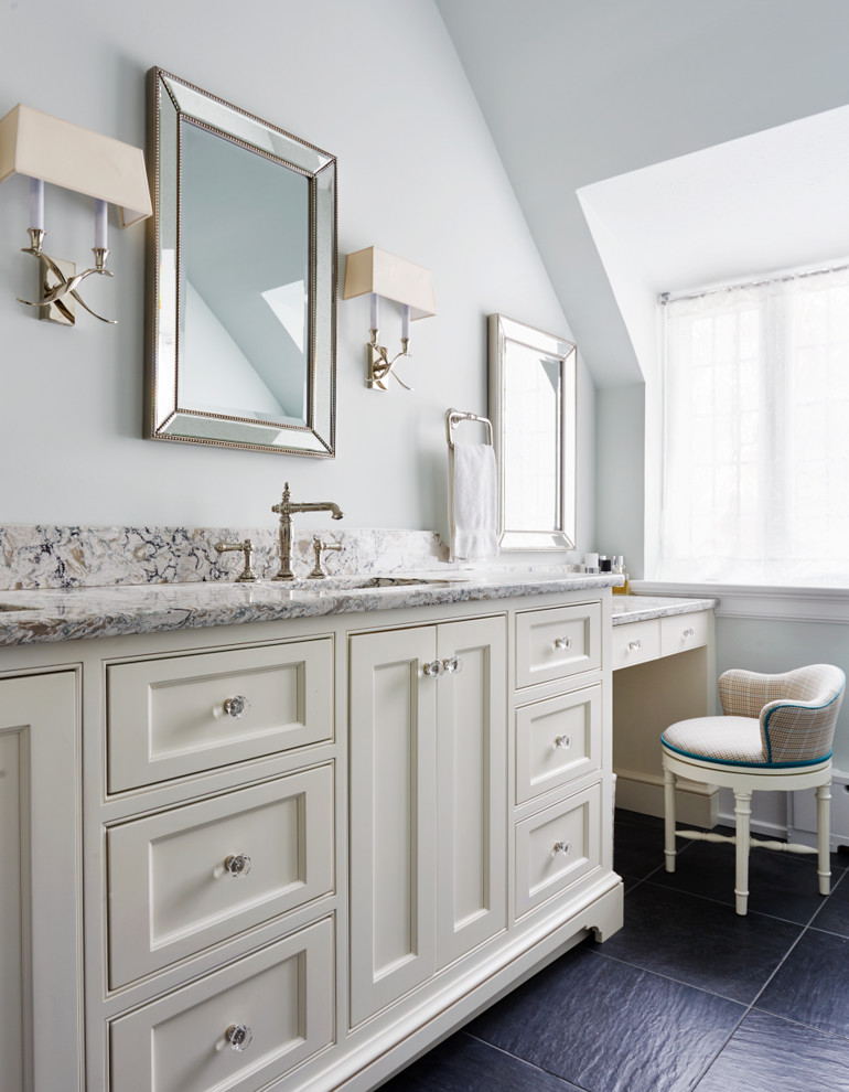 Design ideas for a traditional bathroom in Richmond with white cabinets, grey walls and recessed-panel cabinets.