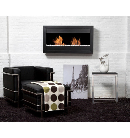 Inspiration for a large modern living room in New York with a hanging fireplace.