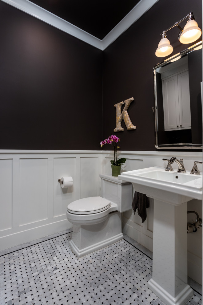Small arts and crafts multicolored floor and wainscoting bathroom photo in Los Angeles with brown walls, a pedestal sink and a freestanding vanity
