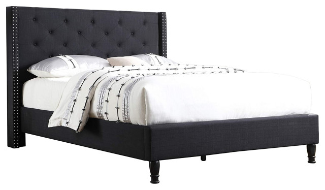 Contemporary Platform Bed Tufted Black, Linen Headboard Full