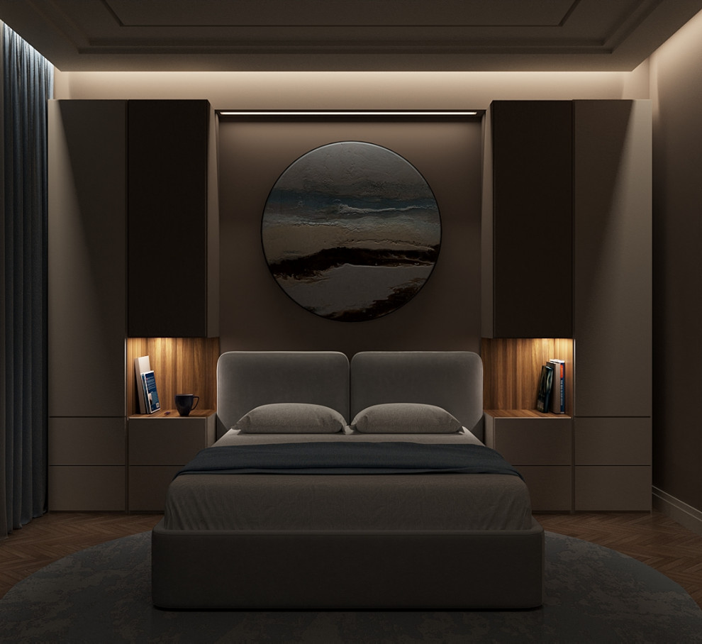 Спальня с атмосферой отеля на побережье.