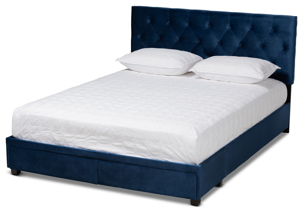 Anabia Navy Blue Velvet Upholstered 2-Drawer Queen Size Platform