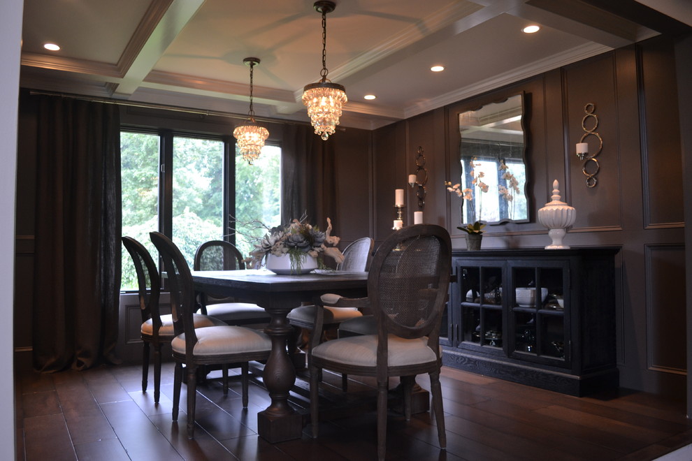 Inspiration for a mid-sized traditional kitchen/dining combo in New York with grey walls and dark hardwood floors.