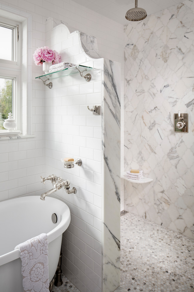 Inspiration for a small transitional master bathroom in San Diego with furniture-like cabinets, a claw-foot tub, a double shower, white tile, marble, a console sink, copper benchtops and an open shower.