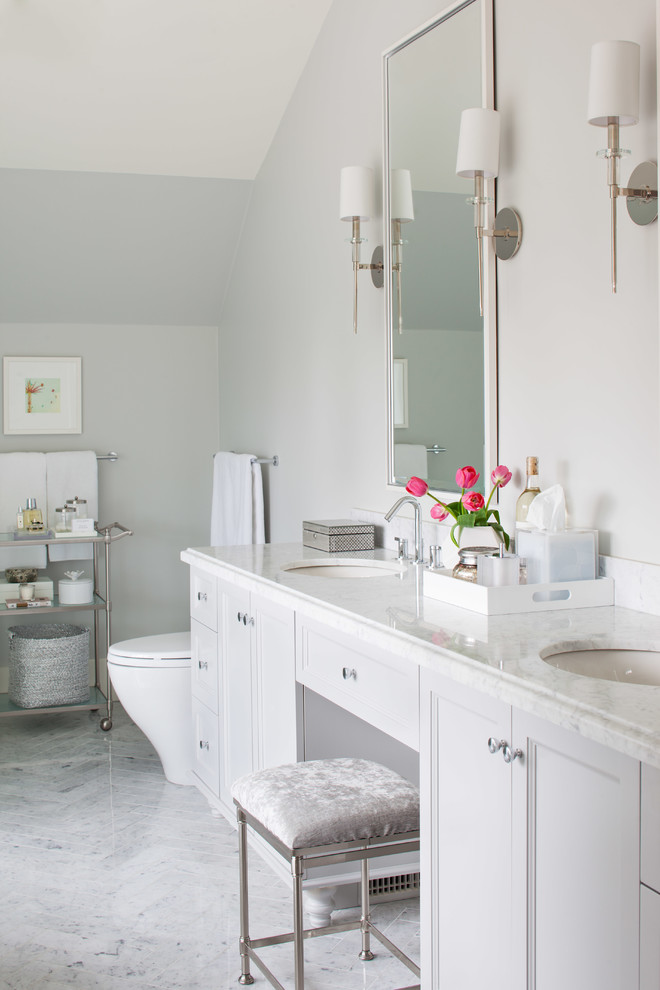 Inspiration for a transitional bathroom in Vancouver with recessed-panel cabinets and white cabinets.