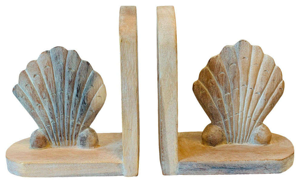 Scallop Shell Bookends Carved Wood Whitewash Finish