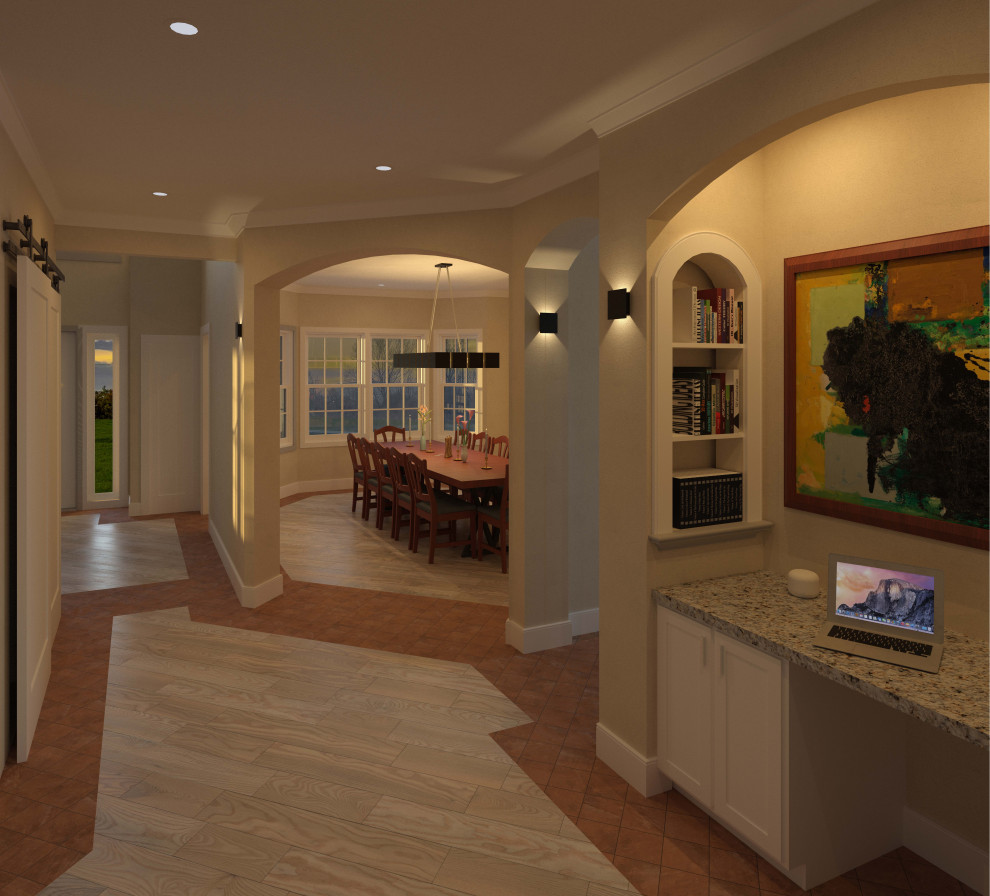 Idee per una grande sala da pranzo classica con pareti grigie, pavimento in gres porcellanato e pavimento multicolore