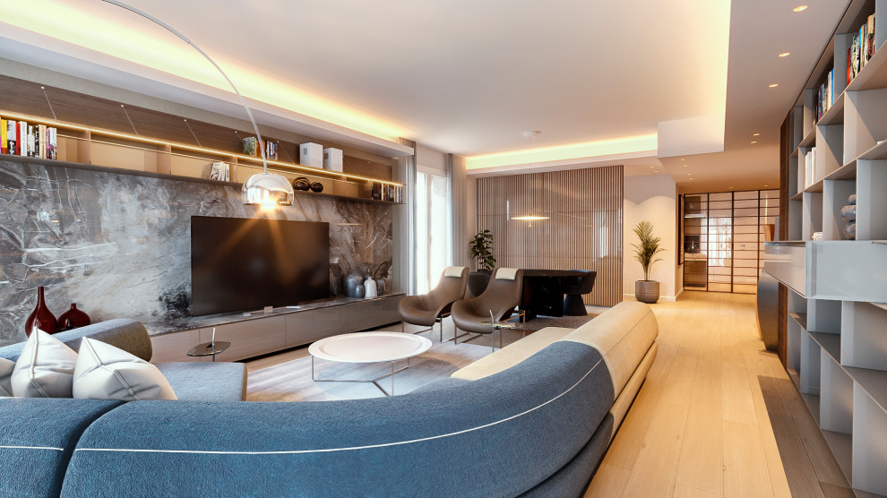 Inspiration for a large contemporary open plan living room in Milan with a home bar, multi-coloured walls, painted wood flooring, a built-in media unit, beige floors, a drop ceiling and panelled walls.