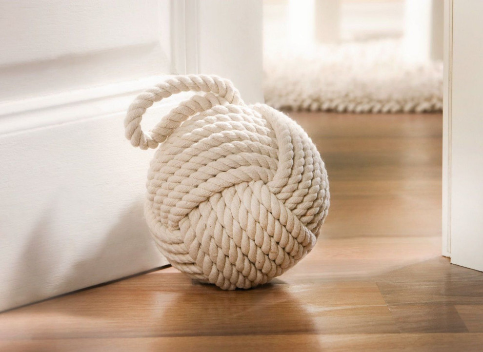 6" Dia. Cream Monkey Fist Rope Knot Door Stopper, Nautical Wedge, Bookend- Ivory