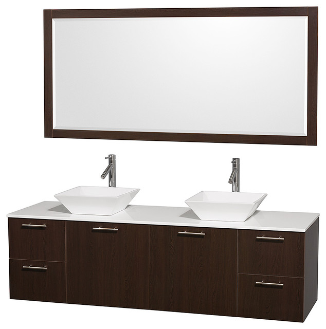 Amare 72" Espresso Double Sink Vanity With White Man-Made Stone Top, 70" Mirror