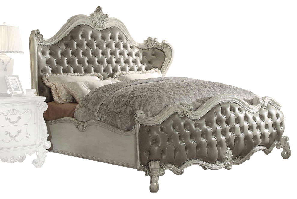 ACME Versailles Queen Bed, Vintage Gray PU and Bone White