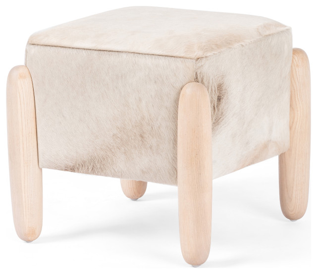 Oaklynn Ottoman 21", Buff Hair On Hide Midcentury Footstools And