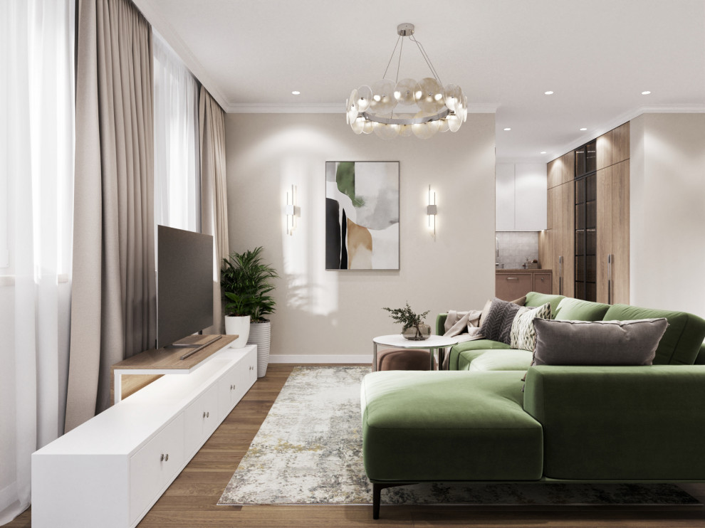 Гостиная с зеленым диваном