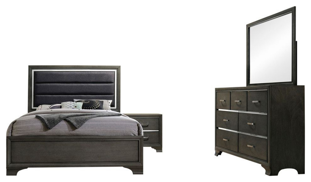 Sonata 4 Piece Modern Upholstered Bedroom Set, Queen, Gray Wood