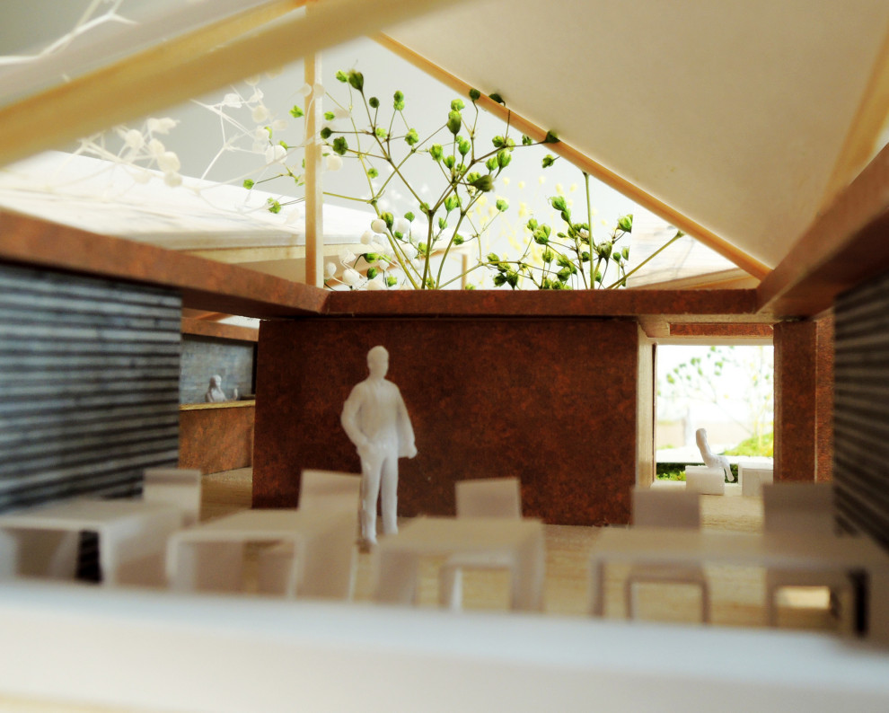 Idéer för en modern matplats, med bruna väggar, mörkt trägolv och brunt golv
