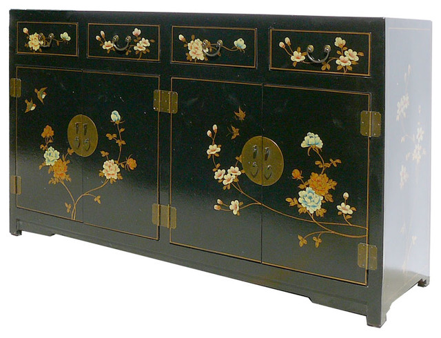 Black Chinese Leather Flower Bird Painting Buffet Console Table Black Chinese Leather Flower Bird Painting Buffet Console Table Shoes Cabinet