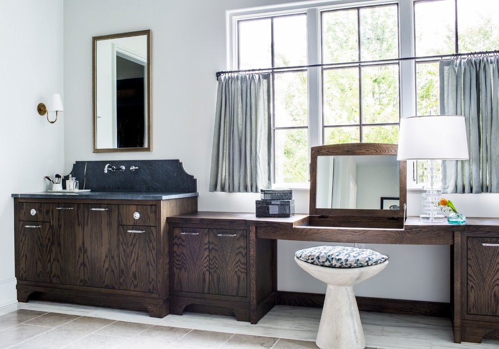 Design ideas for a transitional master bathroom in Atlanta with dark wood cabinets, white walls, beige floor and flat-panel cabinets.