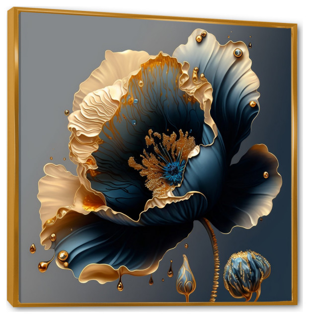 Deep Blue And Gold Single Flower IV Framed Canvas, 36x36, Gold
