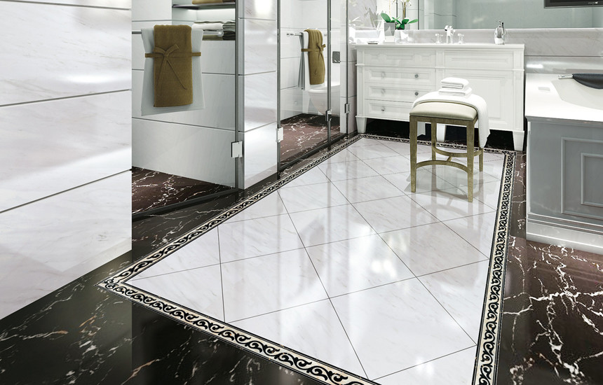 Expansive traditional master bathroom in Toronto with a console sink, furniture-like cabinets, an undermount tub, black and white tile, porcelain tile, white walls and porcelain floors.