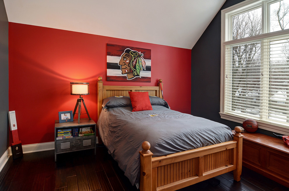 Design ideas for a traditional kids' room for boys in Chicago with dark hardwood floors and multi-coloured walls.