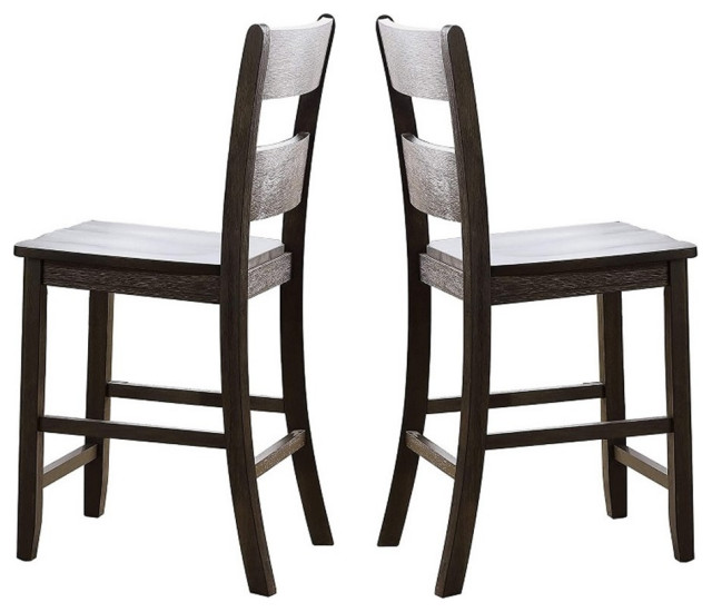 Wooden Counter Height Side Chair with Ladder Backrest a set of 2 in Dark Brown