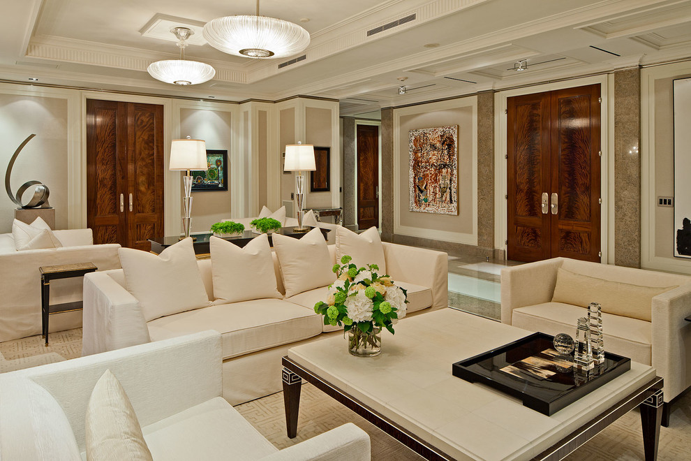 This is an example of an expansive transitional living room in Toronto with beige walls.