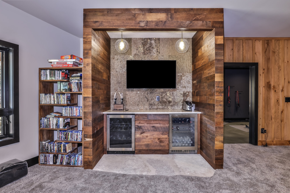 Inspiration for a small rustic galley dark wood floor and brown floor dry bar remodel with medium tone wood cabinets, wood countertops and brown countertops