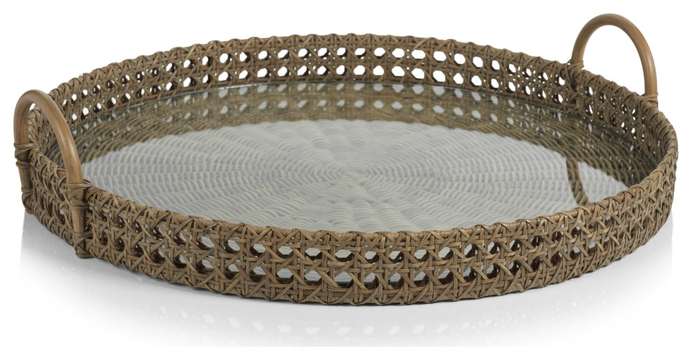 Zadar Round Open Weave Rattan Tray With Clear Glass