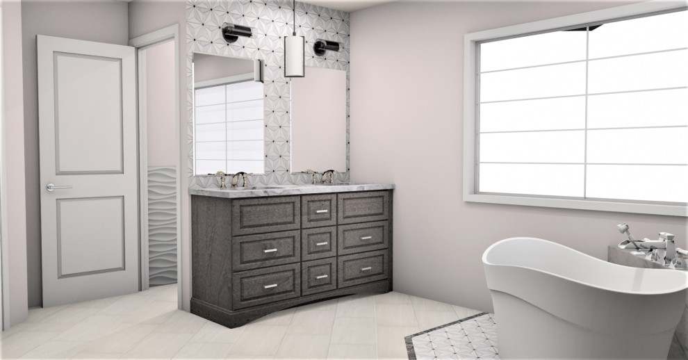 Home design - contemporary master white tile and porcelain tile porcelain tile, beige floor and double-sink home design idea in Baltimore with flat-panel cabinets, dark wood cabinets, a one-piece toilet, white walls, an undermount sink, quartz countertops, a hinged shower door, white countertops and a built-in vanity
