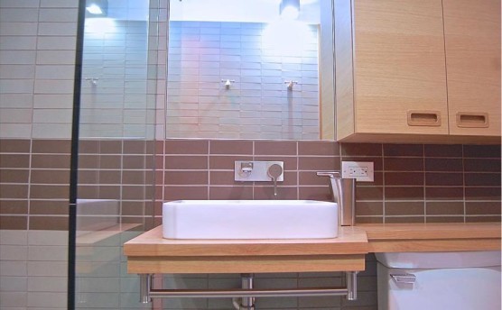 This is an example of a small modern bathroom in San Francisco with furniture-like cabinets, medium wood cabinets, a curbless shower, a two-piece toilet, green tile, ceramic tile, green walls, a vessel sink, wood benchtops, green floor, an open shower, brown benchtops, an enclosed toilet, a single vanity, a built-in vanity and brick walls.