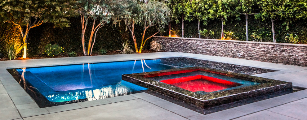 Inspiration for a mid-sized modern backyard l-shaped infinity pool in Los Angeles with a hot tub and concrete pavers.
