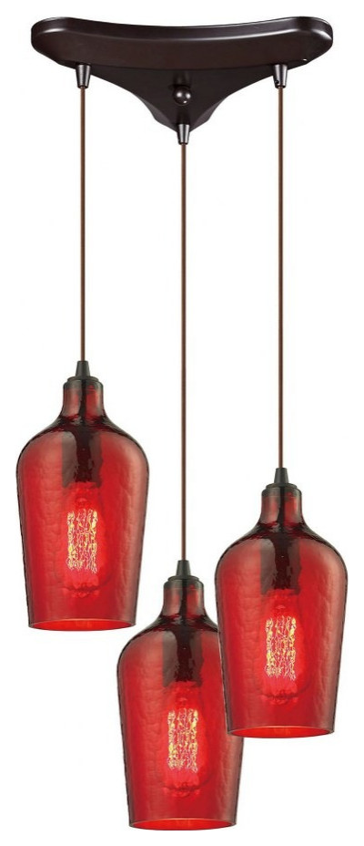 SouthWestern Transitional Three Light Chandelier-Red Glass Color - Pendants