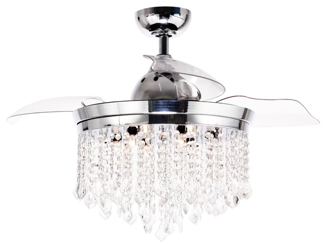 42inabella Modern Crystal Retractable, Modern Crystal Ceiling Fan With Remote Control Satin Nickel White