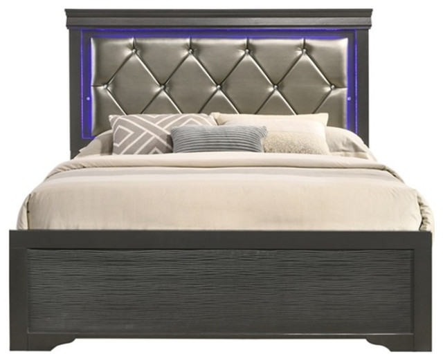 Brooklyn Full 5 Pc Tufted Upholstery LED Bedroom set made with Wood in Gray - Transitional ...