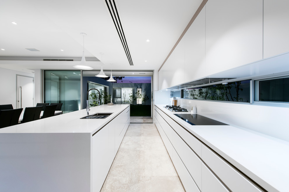 Design ideas for a large contemporary galley eat-in kitchen in Perth with flat-panel cabinets, white cabinets and with island.