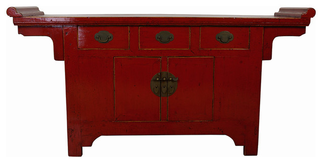 Consigned Chinese Antique Red Lacquered Altar Cabinet Sideboard