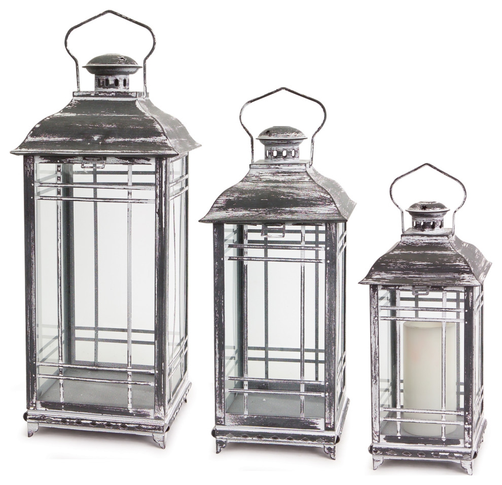 Lantern, 3-Piece Set, 14"H/17"H/20"H Metal/Glass, Gray, White