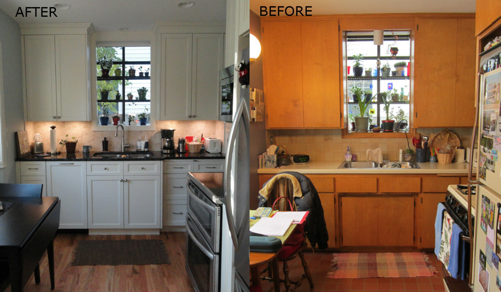 Enclosed kitchen - transitional l-shaped enclosed kitchen idea in Minneapolis with an undermount sink, flat-panel cabinets, medium tone wood cabinets, quartz countertops, beige backsplash and stainless steel appliances