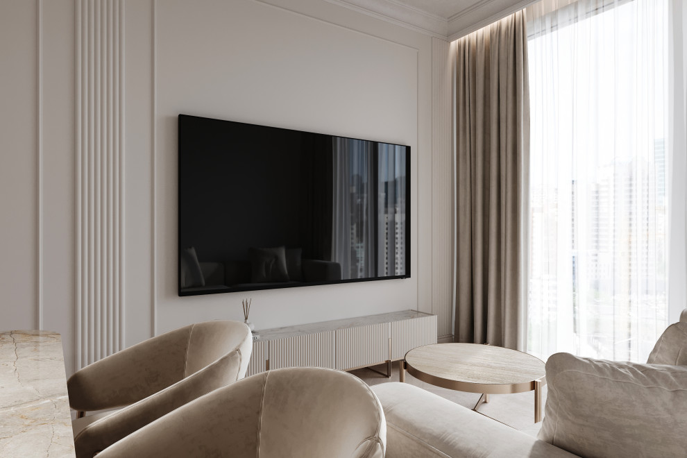 Интерьер бежевое кухни-гостиной 21м2