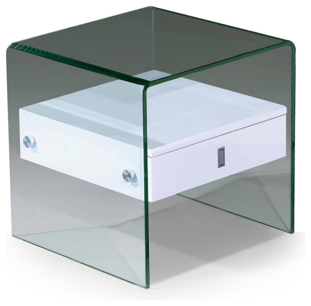 Modern glass white end table with drawer Bella