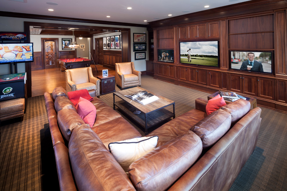 Inspiration for a large traditional open concept family room in New York with a game room, white walls, carpet, no fireplace and a built-in media wall.
