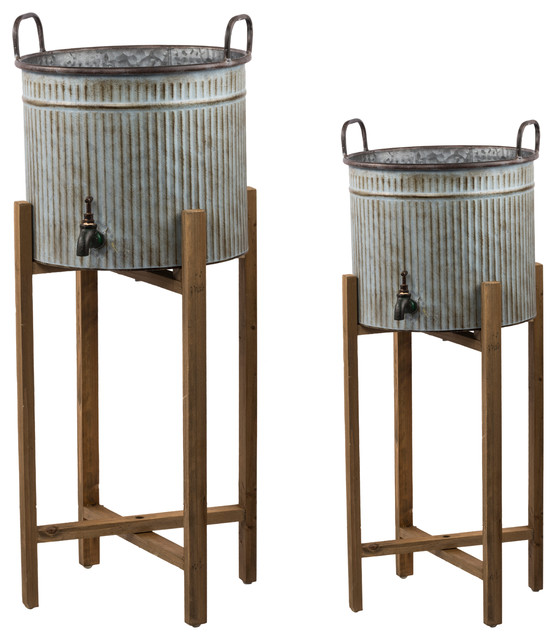 2-Piece Metal Water Bucket On Wood Stand