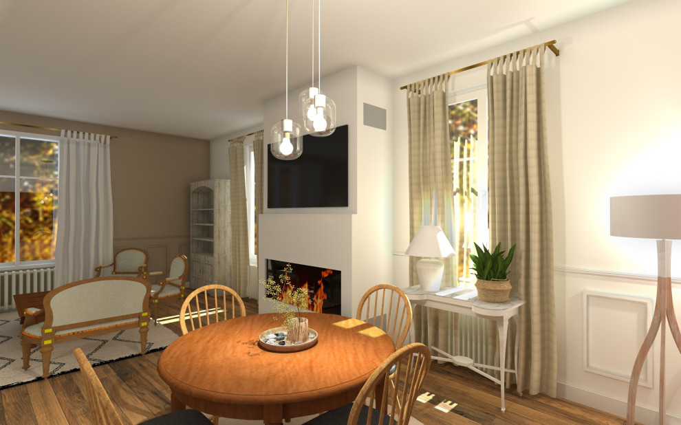 Idées déco pour un grand salon beige et blanc classique avec un mur beige, parquet clair, un manteau de cheminée en plâtre et un téléviseur encastré.
