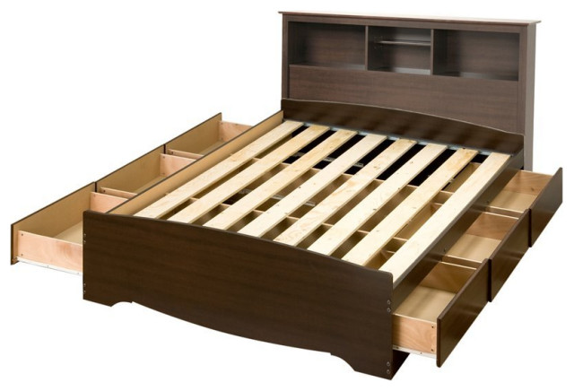 Prepac Manhattan Wooden Queen Bookcase Platform Storage Bed in Espresso