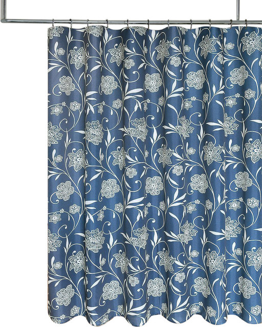 Navy Blue Cream Fl Scroll Fabric, Blue And Cream Curtains