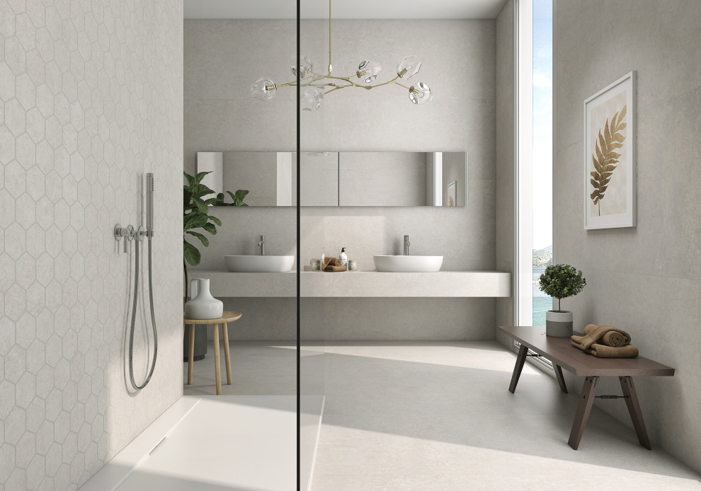 Photo of a contemporary bathroom in Other with beige tile.