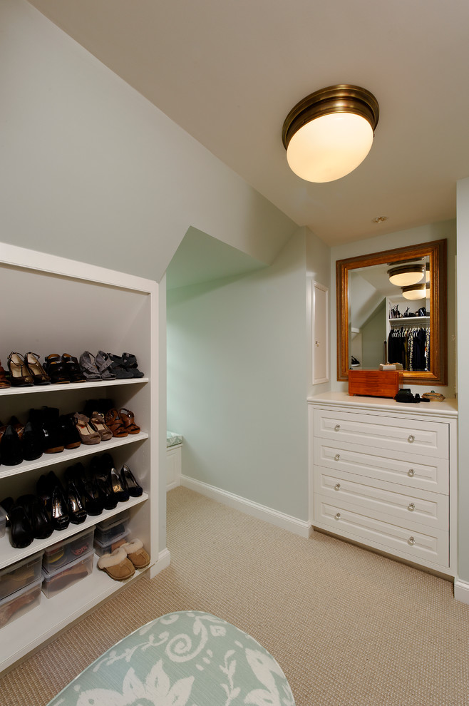 This is an example of a traditional storage and wardrobe in DC Metro with white cabinets and carpet.