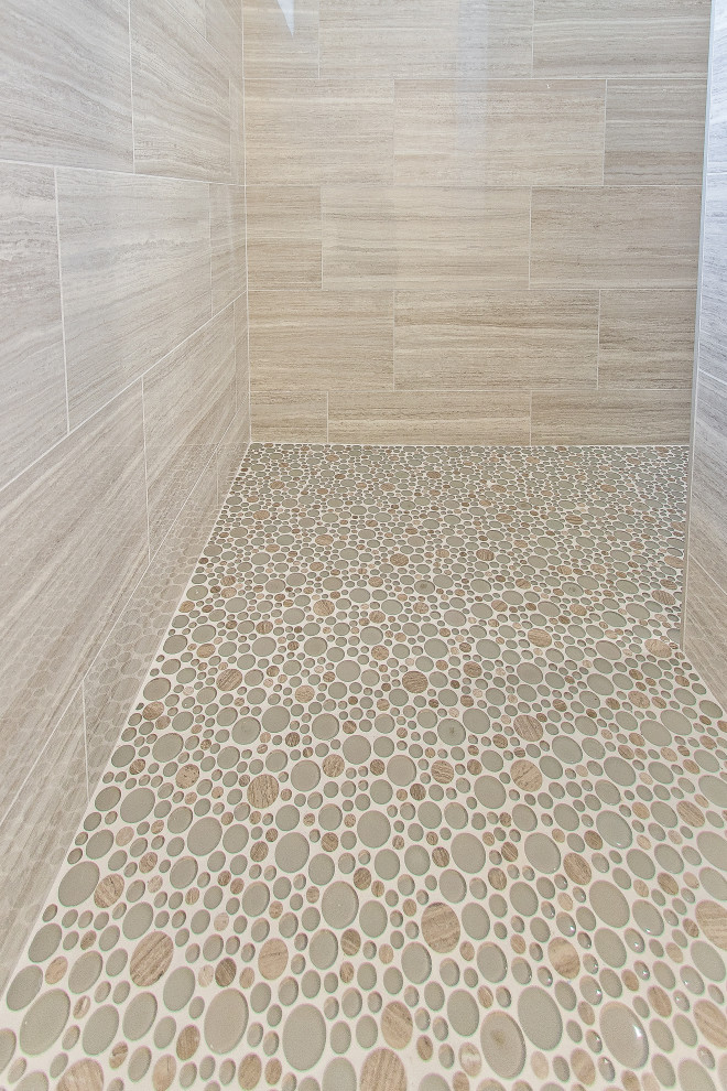 Bathroom - transitional beige tile and porcelain tile mosaic tile floor and beige floor bathroom idea