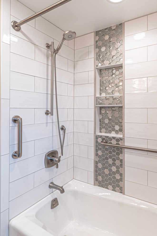 Mid-sized elegant kids' yellow tile and ceramic tile brown floor, double-sink and cement tile floor bathroom photo in Milwaukee with shaker cabinets, dark wood cabinets, a two-piece toilet, black walls, an undermount sink, quartz countertops, multicolored countertops, a niche and a built-in vanity